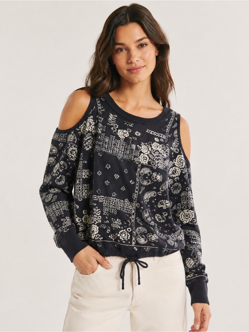 Abercrombie & Fitch Bandana Paisley Cold Shoulder Knit Sweater Top S